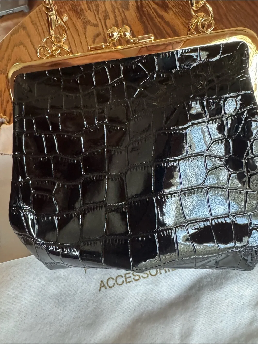 Vivienne Westwood Black Patent Croc-Embossed Frame Clutch with Gold Hardware
